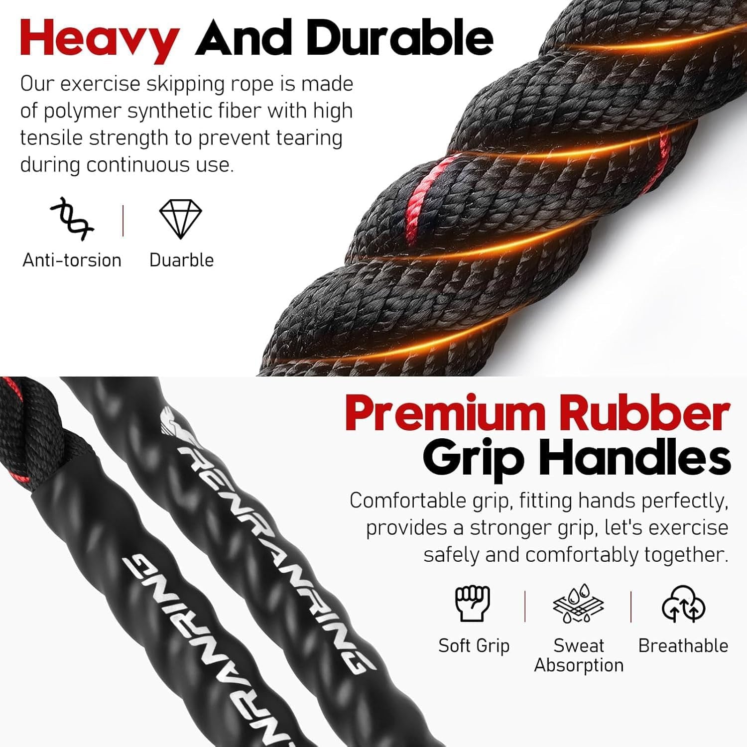 Weighted Jump Rope for Fitness - 9.8Ft Heavy Battle Ropes for Exercise, 3LB Workout Rope for Women & Men, Skipping Rope for Gym Training, Home Workout